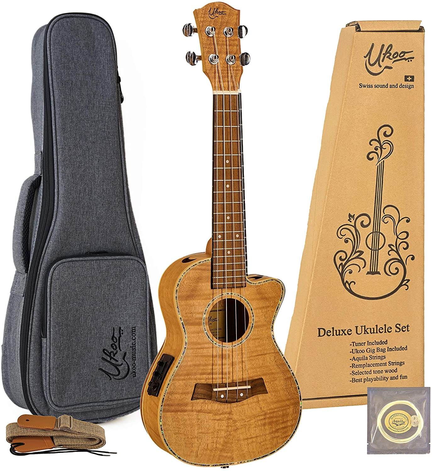 okoume ukulele, elektrische ukulele, konzert ukulele